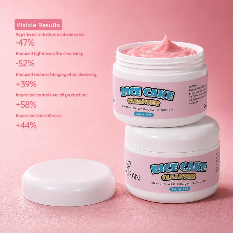 Two jars of Rice Cake Cleanser on a pink background. Visible results are listed, highlighting skin improvement benefits.